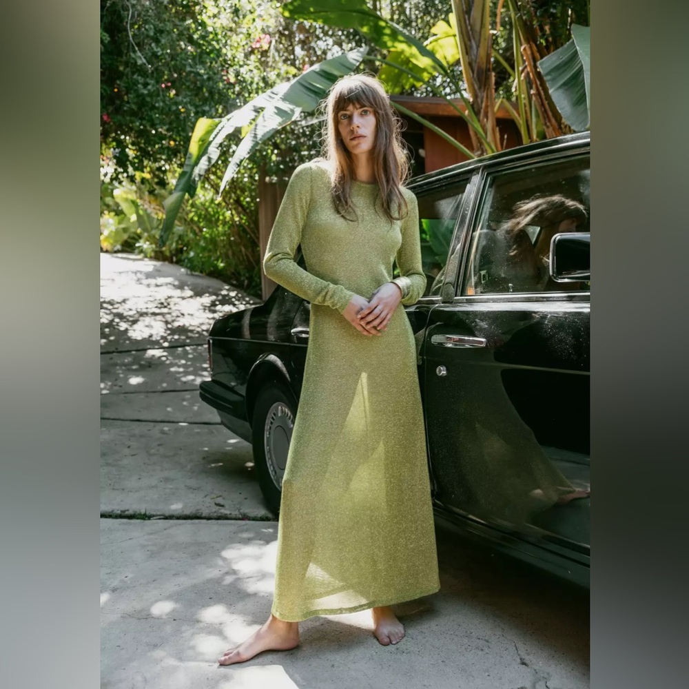 Zara Sheer Metallic Green Maxi Dress